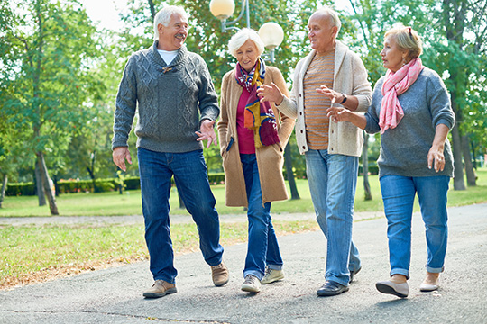 Groupe de personnes âgées marchant ensemble.