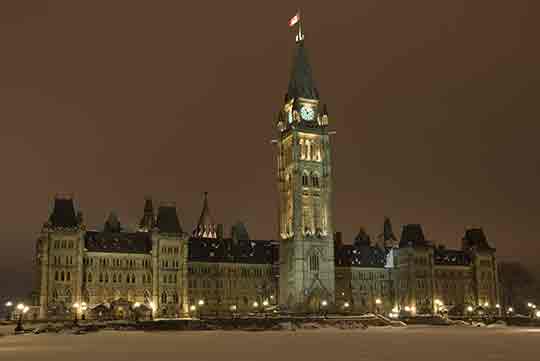 Parliament Hill on a winter night.