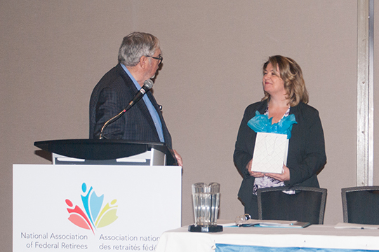 Robert Giroux, Ottawa branch president thanks Sherry Romanado, M.P. and Parliamentary Secretary to the Minister of Seniors for delivering opening remarks at the Branch AGM on April 30 on behalf of the Honourable Filomena Tassi. 