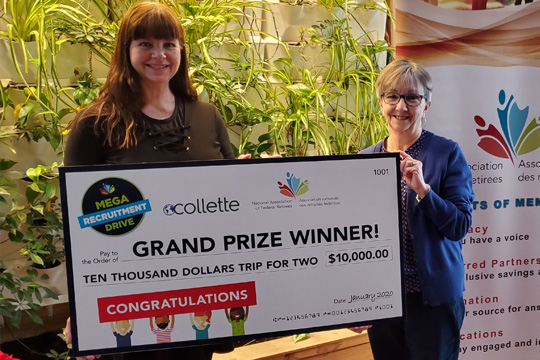 Brenda Powell (left), president of Charlottetown Branch, is pictured here presenting the grand prize to a very lucky member of her branch, Anna Anderson.