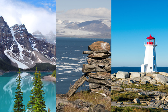 Collaged views on British Columbia, Nunavut and Nova Scotia