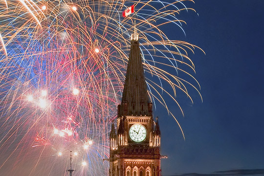 Fireworks behind the Peace Tower Fireworks behind the Peace Tower.