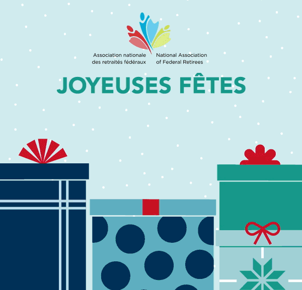 Joyeuses Fêtes de la part de Retraités fédéraux! Quatre personnes souriantes émergent de boîtes de cadeaux des Fêtes.
