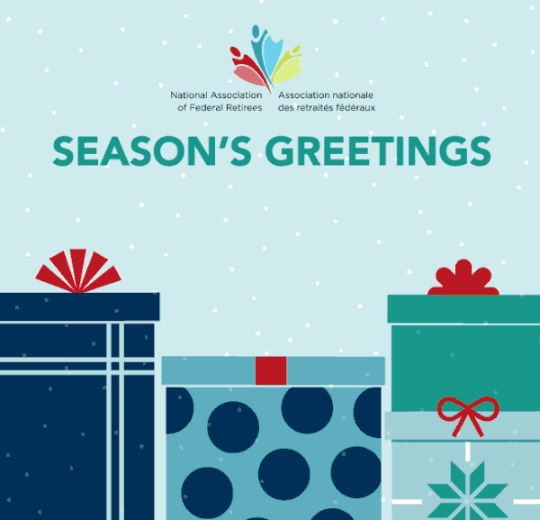 Happy holidays from Federal Retirees! Four smiling people emerging from holiday gift boxes.