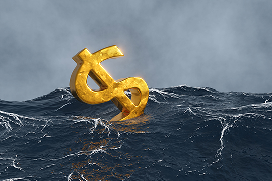 Weathering stock market volatility. Dollar symbol floating in turbulent waters.