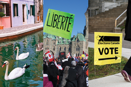 Venise, Ottawa et un panneau d'Élections Canada. Venise, Ottawa et un panneau d'Élections Canada.