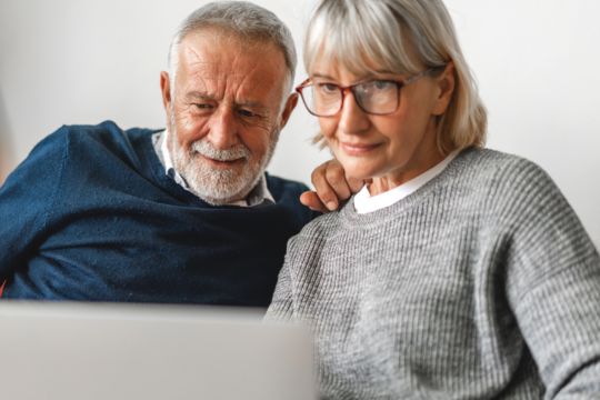 Adult couple at computer.