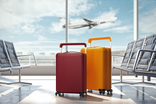 Information importante concernant le rapatriement d’une personne défunte, de la part de l’équipe d MEDOC. Valise rouge et orange dans un aéroport.