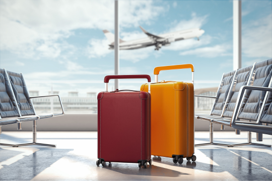 A red and orange suitcase at the airport.