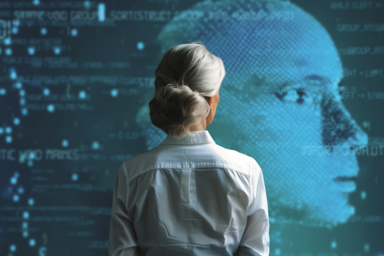 Faisons le point sur l’intelligence artificielle Femme regardant un visage humain reproduit par l'IA.