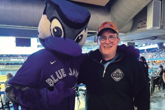 Barre Campbell with Ace, the Toronto Blue Jays mascot.