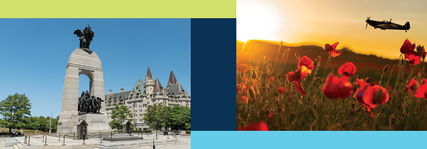 Graphic featuring the National War Memorial in Ottawa and a plane over red poppies at sunset.