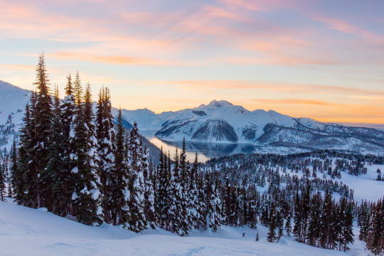 Paysage hivernal au lever du soleil dans le parc Garibaldi, en Colombie‑Britannique.