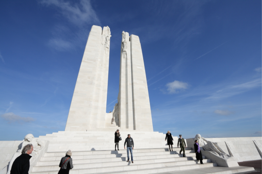 The Canadian National Vimy Memorial in France, with its towering white stone figures overlooking the former battlefield.