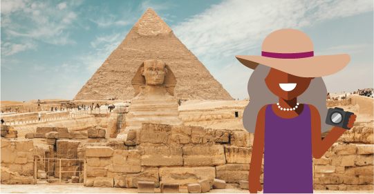 Cartoon woman visits the Great Sphinx of Giza.