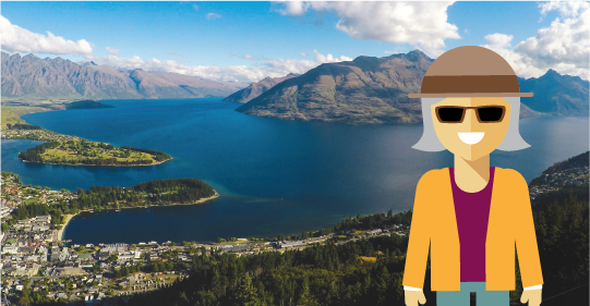 Cartoon woman visits Queenstown, New Zealand.