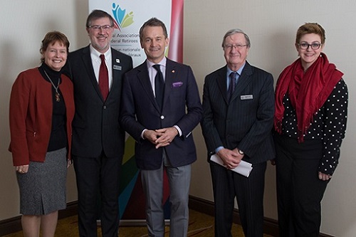 From left to right:  Deborah Krause, Manager, Governance; Simon Coakeley, CEO; the Honourable Seamus O’Regan, Minister of Veterans Affairs; Jean-Guy Soulière, President; Sayward Montague, Director, Advocacy