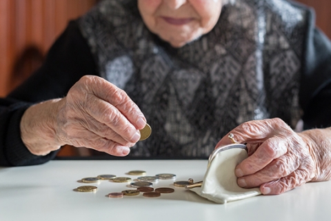 A senior lady counting coins. A senior lady counting coins.