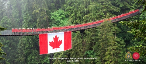 Dressed in their iconic red serge, over 100 Mounties posed shoulder-to-shoulder on North Vancouver’s Capilano Suspension Bridge - one of Canada’s top picturesque tourist attractions. The event, which took place Thursday June 8, 2017, was organized by the Royal Canadian Mounted Police (RCMP) to help celebrate Canada’s 150th birthday. Dressed in their iconic red serge, over 100 Mounties posed shoulder-to-shoulder on North Vancouver’s Capilano Suspension Bridge - one of Canada’s top picturesque tourist attractions. The event, which took place Thursday June 8, 2017, was organized by the Royal Canadian Mounted Police (RCMP) to help celebrate Canada’s 150th birthday.