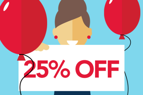 Image of a lady with balloons holding a 25% off sign. Image of a lady with balloons holding a 25% off sign.