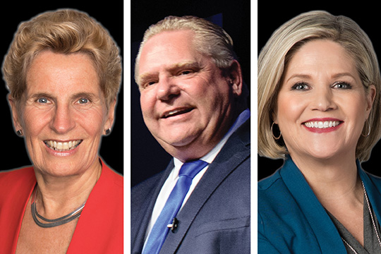 Liberal Leader Kathleen Wynne, Progressive Conservative Leader Doug Ford (photo credit Jared Ong) and New Democratic Party Leader Andrea Horwath. Liberal Leader Kathleen Wynne, Progressive Conservative Leader Doug Ford (photo credit Jared Ong) and New Democratic Party Leader Andrea Horwath.