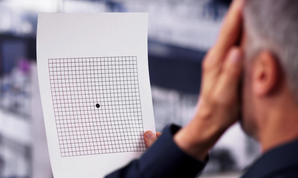 A person covers one eye while looking at an Amsler grid, a screening tool used to detect early signs of retinal and macular diseases.
