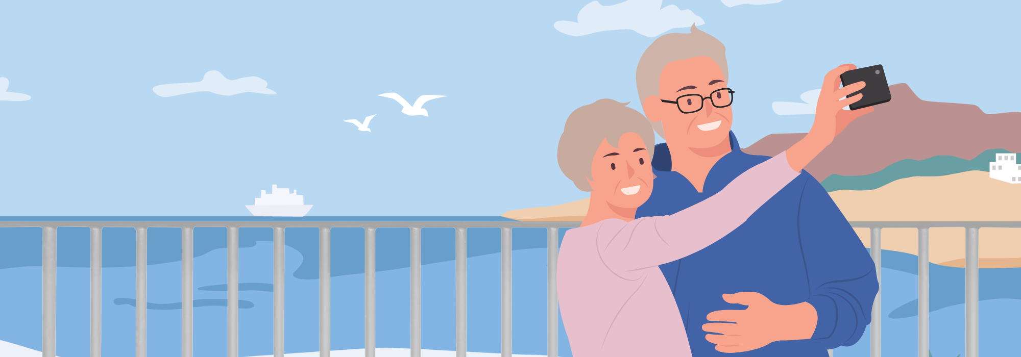 Illustration of a couple on a cruise, enjoying the view from the deck.