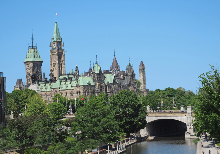 A view of downtown Ottawa including Parliament from the Rideau Canal.