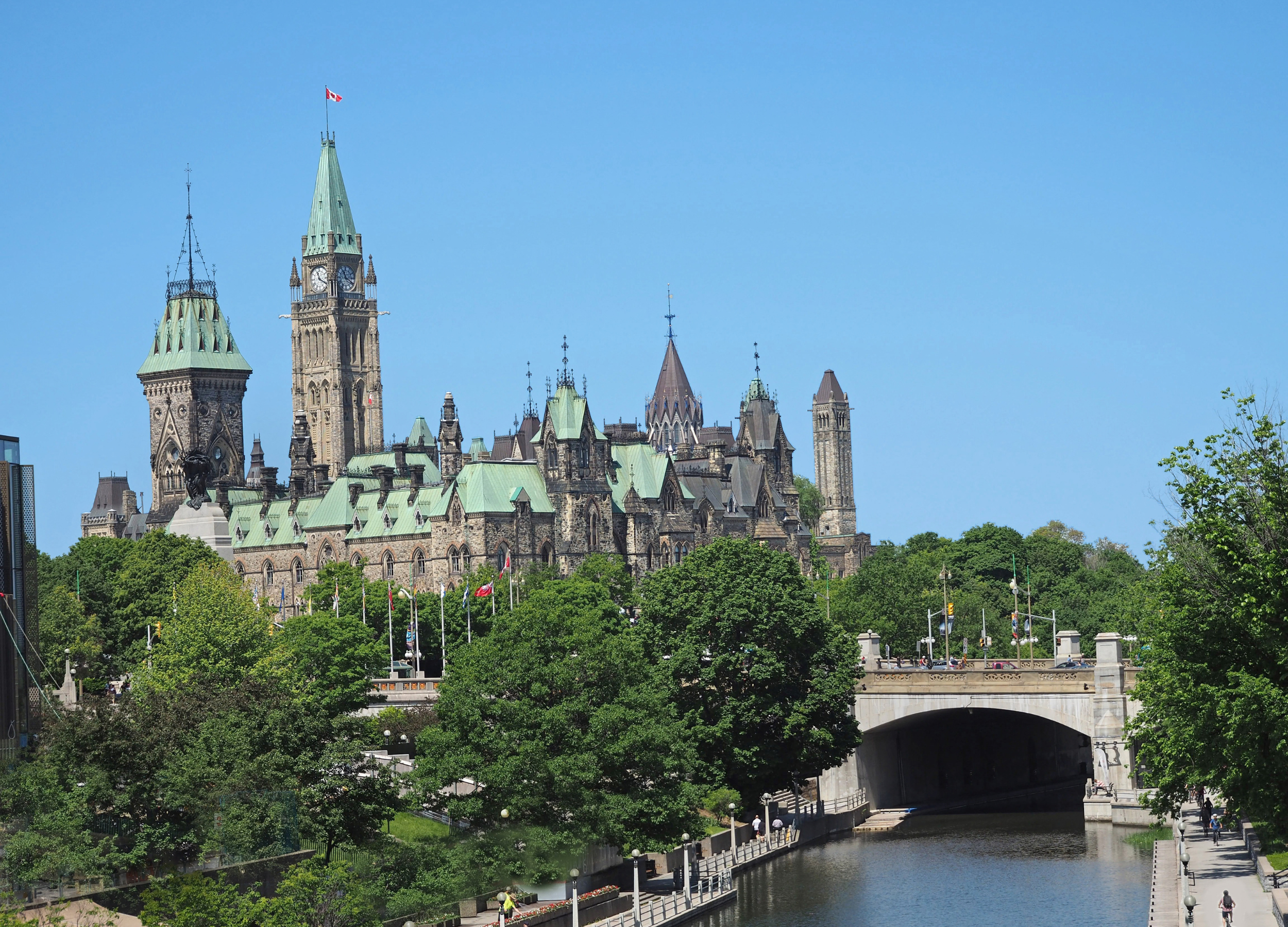 A view of downtown Ottawa including Parliament from the Rideau Canal.